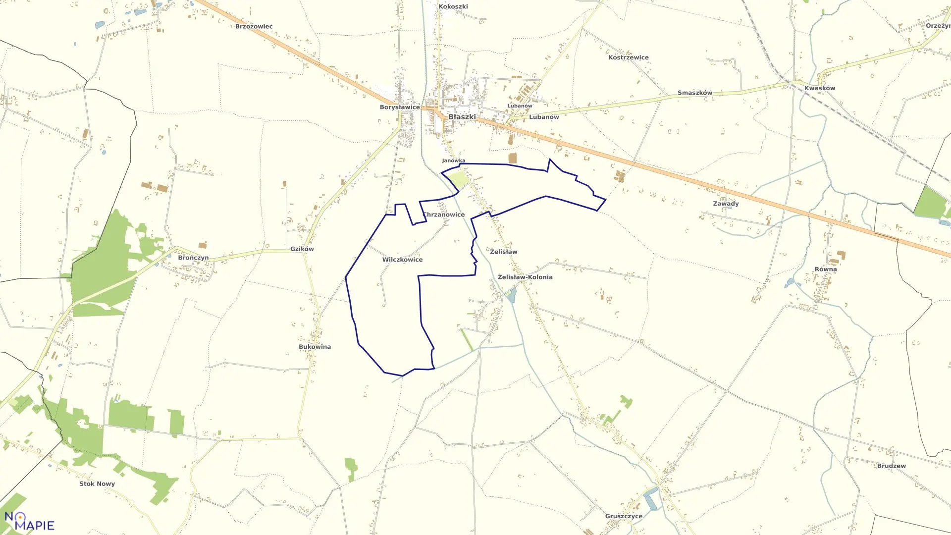 Mapa obrębu CHRZANOWICE w gminie Błaszki