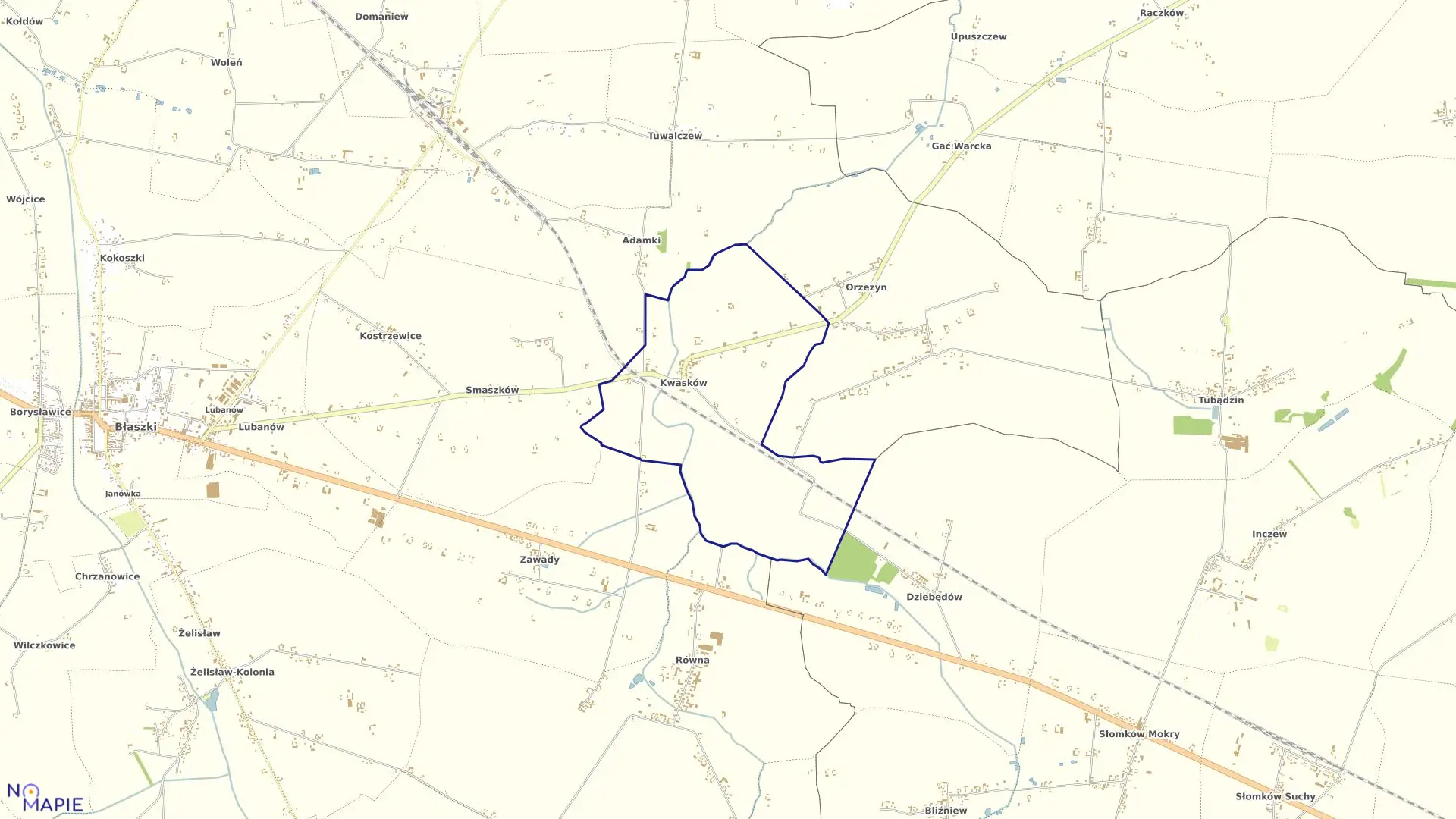 Mapa obrębu KWASKÓW w gminie Błaszki