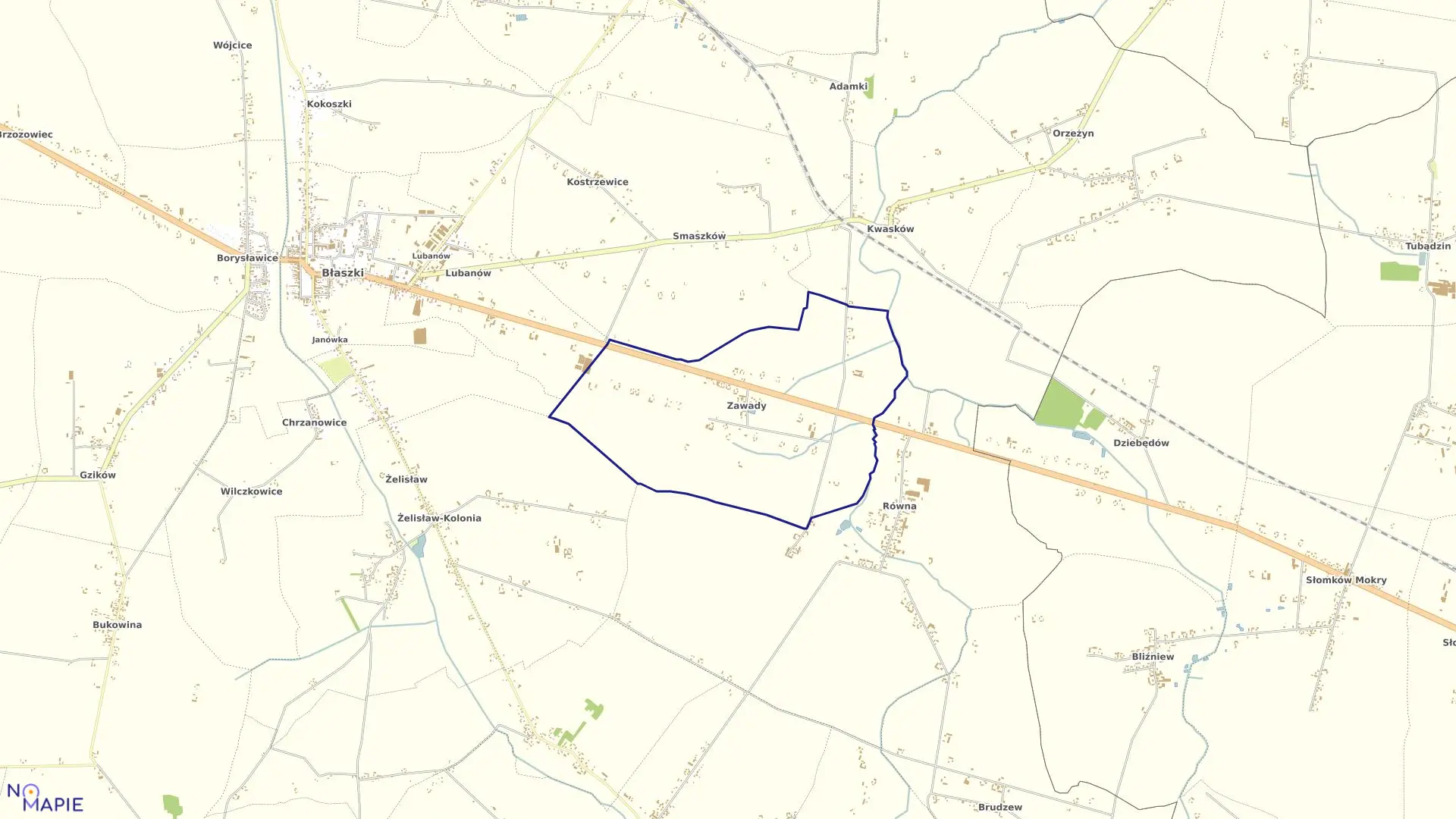 Mapa obrębu ZAWADY w gminie Błaszki